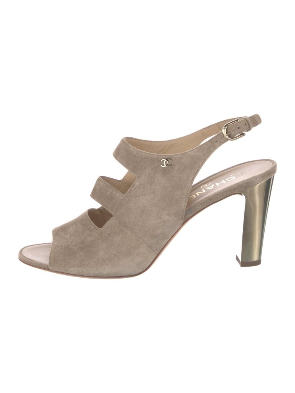 Chanel Beige Interlocking CC Logo Suede Slingback Sandals